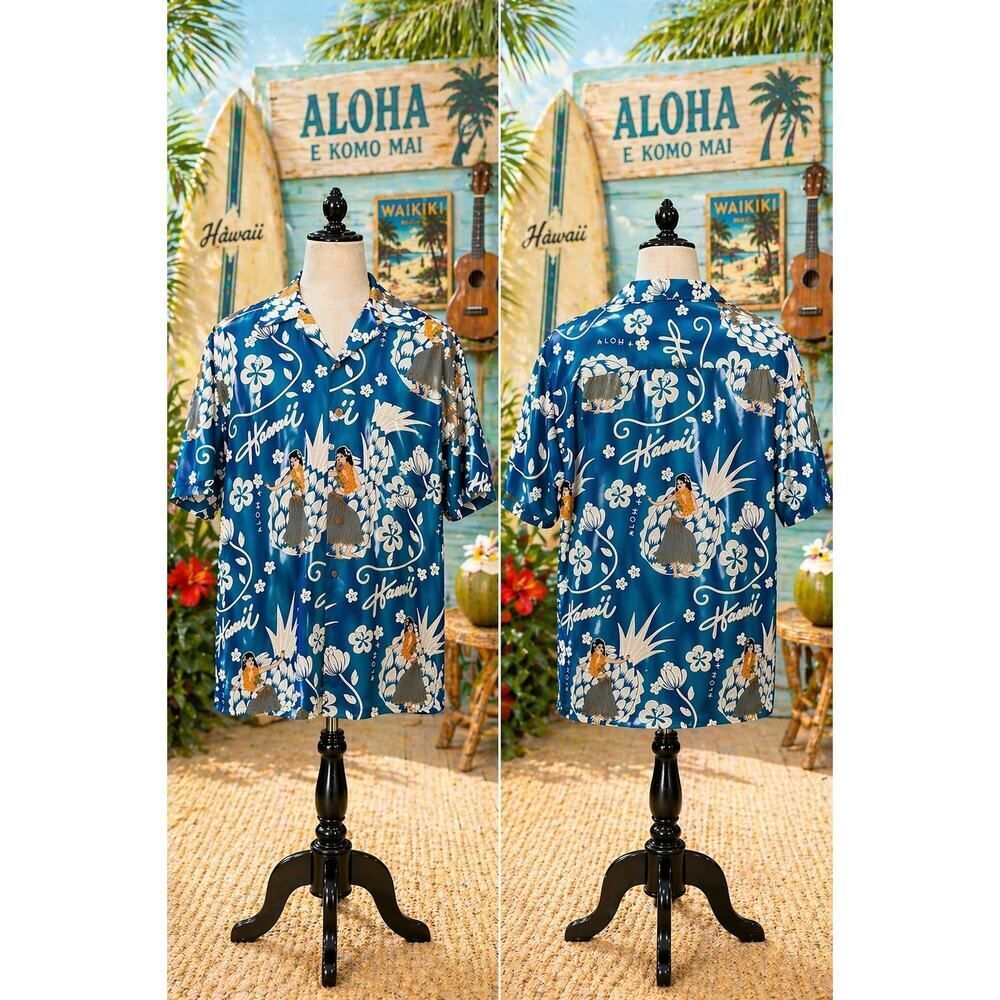 Kennington LTD Hawaiian Shirt Blue Aloha Hula Print Retro L